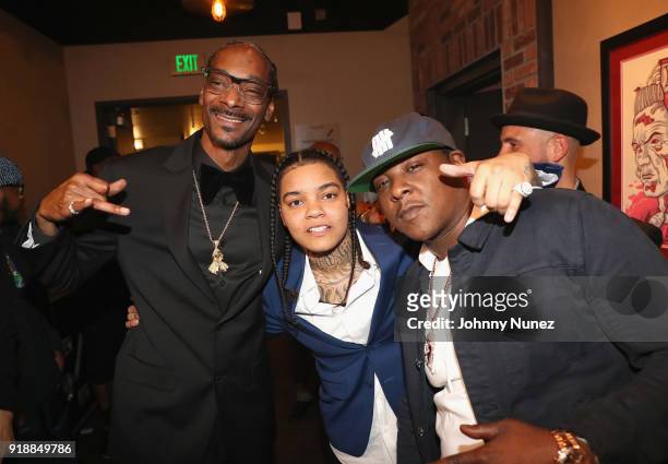 Snoop Dogg, Young M.A and Jadakiss attend the 2018 Global Spin Awards at The Novo by Microsoft on February 15, 2018 in Los Angeles, California.