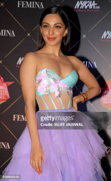Indian Bollywood actress Kiara Advani poses for a picture during the 'Femina Beauty Awards 2018' in Mumbai late on February 15, 2018. / AFP PHOTO /...
