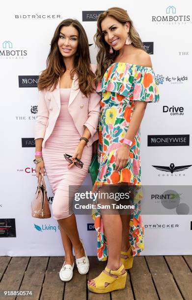 Laurina Fleure and Nadia Stamp arrive at the Fashion Aid Twilight Beach Polo on February 16, 2018 in Melbourne, Australia.