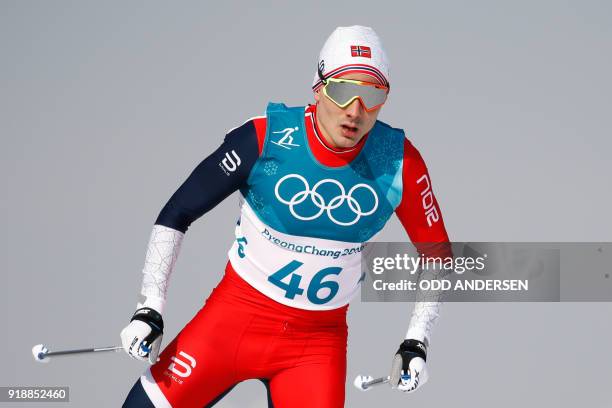 Norway's Finn Haagen Krogh competes during the men's 15km cross country freestyle at the Alpensia cross country ski centre during the Pyeongchang...