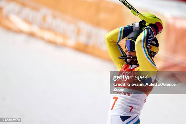 Frida Hansdotter of Sweden wins the gold medal during the Alpine Skiing Women's Slalom at Yongpyong Alpine Centre on February 16, 2018 in...