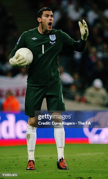 Goalkeeper Ben Foster of England shouts during the FIFA 2010 World Cup Group 6 Qualifying match between England and Belarus at Wembley Stadium on...