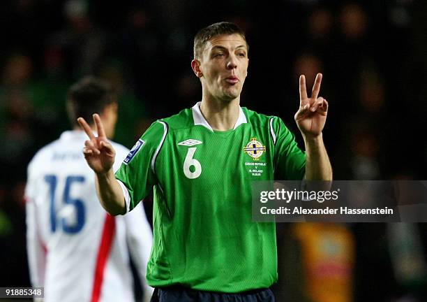 Christopher Baird of Northern Ireland reacts during the FIFA 2010 World Cup Group 3 Qualifier match between Czech Republic and Northern Ireland at...