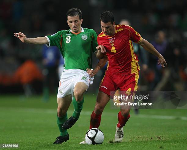 Liam Miller of the Republic of Ireland battles with Milan Jovanovic of Montenegro during the FIFA 2010 World Cup European Qualifying match between...