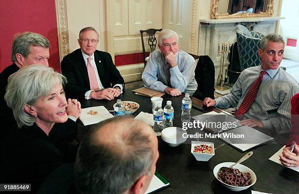 White House Chief of Staff, Rahm Emanuel attends a meeting with Phil Schiliro Director- legislative affairs, HHS Secretary Kathleen Sebelius, Senate...