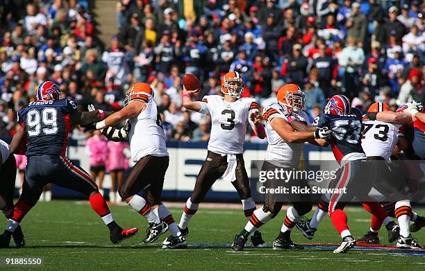 Derek Anderson of the Cleveland Browns passes the ball against the Buffalo Bills during their NFL game at Ralph Wilson Stadium on October 11, 2009 in...