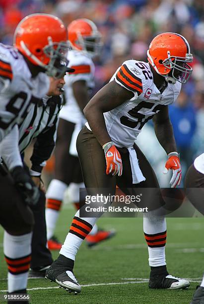 Qwell Jackson of the Cleveland Browns lines up in his defensive position during their NFL game against the Buffalo Bills at Ralph Wilson Stadium on...