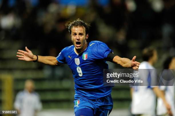 Alberto Gilardino of Italy celebrates after scoring his team's second goal during the FIFA 2010 World Cup Group 8 Qualifying match between Italy and...