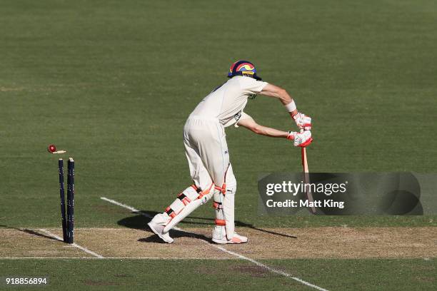 Kurtis Patterson of the Blues is bowled by Nick Winter of the Redbacks day one of the Sheffield Shield match between New South Wales and South...