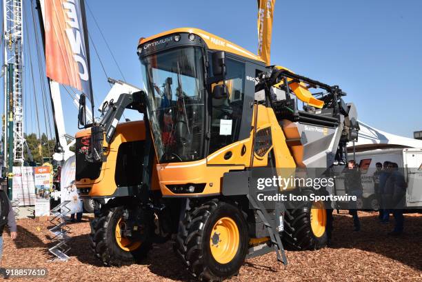 Pellenc Self-propelled OPTIMUM grape harvester on display during the 51st World Ag Expo on February 13, 2018 at the International Agri-Center in...