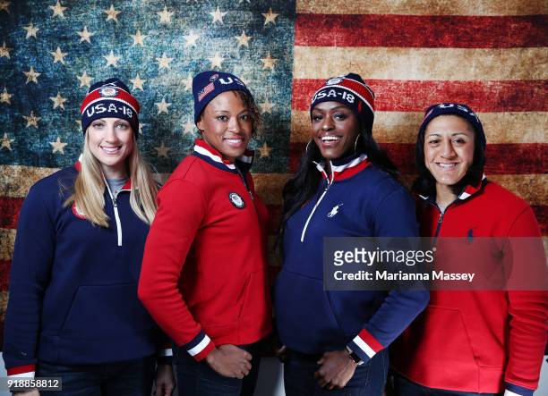 United States Women's Bobsled team Jamie Greubel Poser, Lauren Gibbs, Aja Evans and Elana Meyers Taylor pose for a portrait on the Today Show Set on...