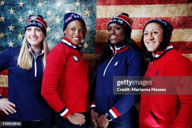 United States Women's Bobsled team Jamie Greubel Poser, Lauren Gibbs, Aja Evans and Elana Meyers Taylor pose for a portrait on the Today Show Set on...