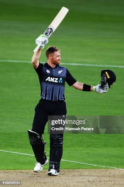 Martin Guptill of the Black Caps celebrates after scoring a century during the International Twenty20 match between New Zealand and Australia at Eden...