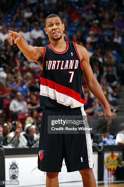 Brandon Roy of the Portland Trail Blazers points during the preseason game against the Sacramento Kings at Arco Arena on October 7, 2009 in...