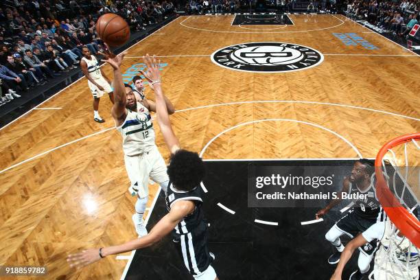 Jabari Parker of the Milwaukee Bucks shoots the ball against the Brooklyn Nets on February 4, 2018 at Barclays Center in Brooklyn, New York. NOTE TO...