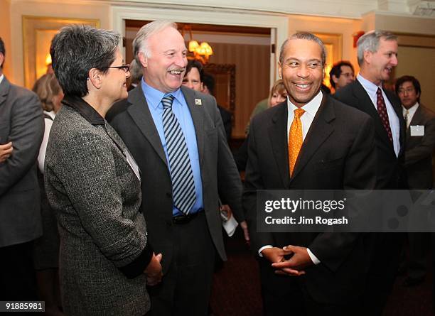 Massachusetts Governor Deval Patrick smiles with Steve Crowell moments before Patrick was awarded the Conservation Service Group Award for Exellence...