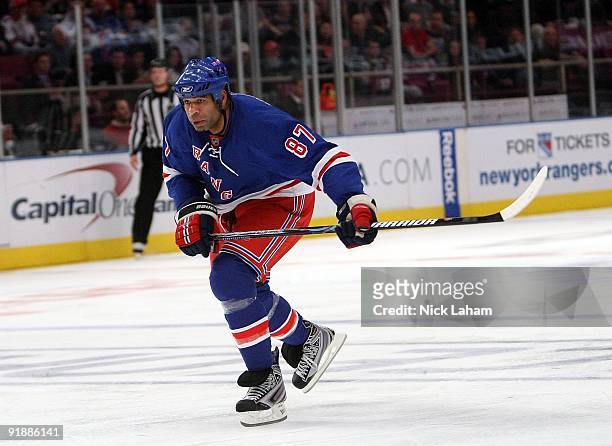Donald Brashear of the New York Rangers skates against the Toronto Maple Leafs during their game at Madison Square Garden on October 12, 2009 in New...