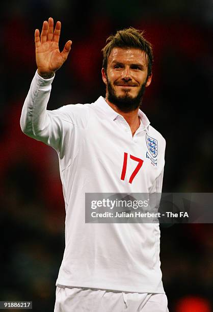 David Beckham of England applauds the crowd after winning the FIFA 2010 World Cup Group 6 Qualifying match between England and Belarus at Wembley...