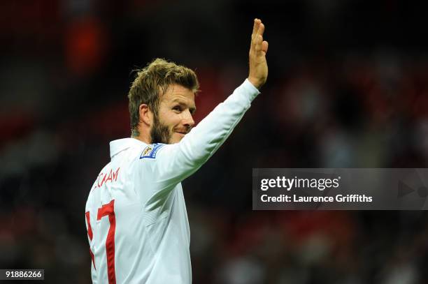 David Beckham of England acknowledges the fans applause after the FIFA 2010 World Cup Qualifying Group 6 match between England and Belarus at Wembley...