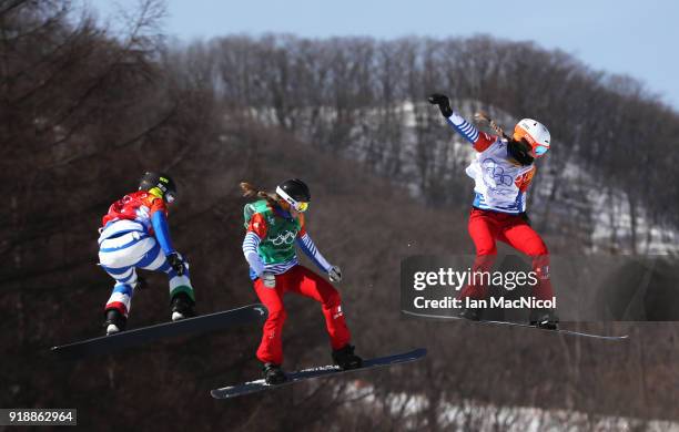 Michela Moioli of Italy, Chloe Trespeuch of France and Julia Pereira de Sousa Mabileau of France are seen during the Semifinals of the Women's...