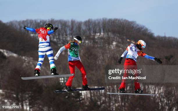 Michela Moioli of Italy, Chloe Trespeuch of France and Julia Pereira de Sousa Mabileau of France are seen during the Semifinals of the Women's...
