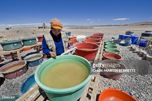 Bolivian chemical engineer Monica Aguirre poses with plastic containers with brine at a pilot lithium plant under construction in Uyuni, Bolivia,...