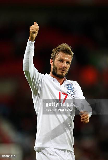 David Beckham of England gives the thumbs up at the end of the FIFA 2010 World Cup Qualifying Group 6 match between England and Belarus at Wembley...