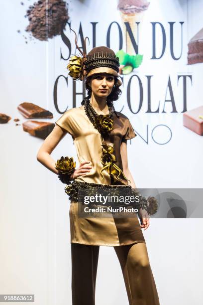 Model wear a dress during the third edition of Salon du Chocolat in Milano, the most important chocolate fair in the world held in Italy on February...