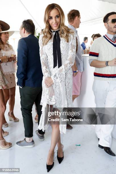 Rebecca Judd arrives at the Fashion Aid Twilight Beach Polo on February 16, 2018 in Melbourne, Australia.