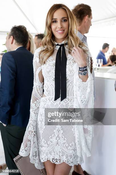 Rebecca Judd arrives at the Fashion Aid Twilight Beach Polo on February 16, 2018 in Melbourne, Australia.