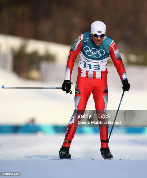 Samir Azzimani of Morocco approaches the finish line during the Cross-Country Skiing Men's 15km Free at Alpensia Cross-Country Centre on February 16,...