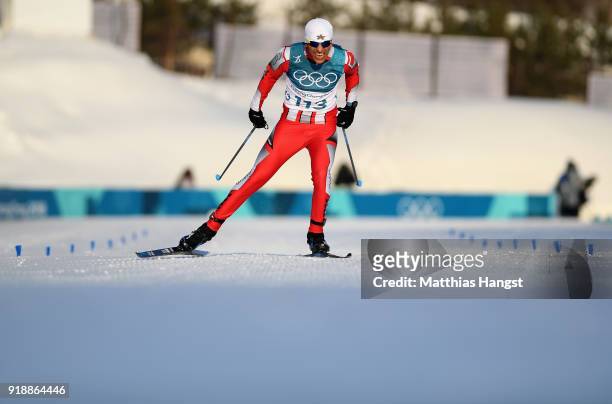 Samir Azzimani of Morocco approaches the finish line during the Cross-Country Skiing Men's 15km Free at Alpensia Cross-Country Centre on February 16,...