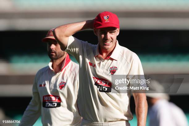 Nick Winter of the Redbacks celebrates with team mates after taking five wickets during day one of the Sheffield Shield match between New South Wales...