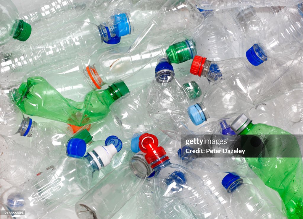 WATER BOTTLES IN RECYCLING BIN WITH RECYCLABLE CAPS