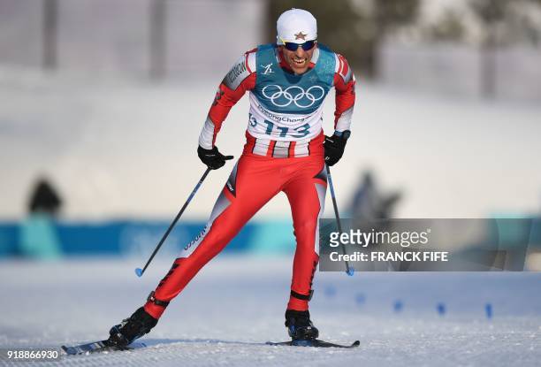 Morocco's Samir Azzimani approaches the finish line during the men's 15km cross country freestyle at the Alpensia cross country ski centre during the...
