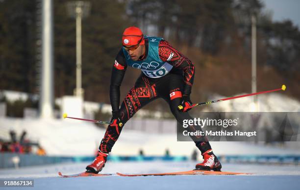 Pita Taufatofua of Tonga crosses the finish line during the Cross-Country Skiing Men's 15km Free at Alpensia Cross-Country Centre on February 16,...