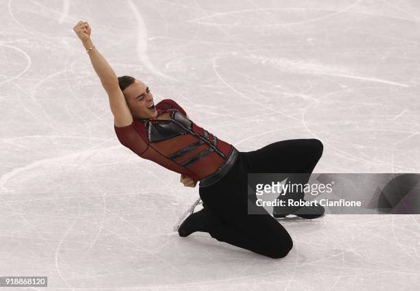 Adam Rippon of the United States reacts after his routine during the Men's Single Skating Short Program at Gangneung Ice Arena on February 16, 2018...
