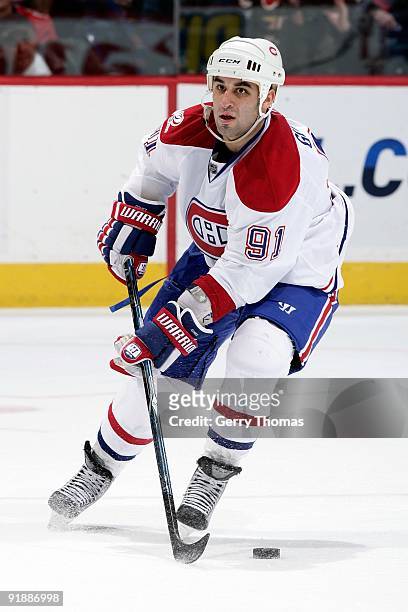 Scott Gomez of the Montreal Canadiens skates against the Calgary Flames on October 6, 2009 at Pengrowth Saddledome in Calgary, Alberta, Canada. The...