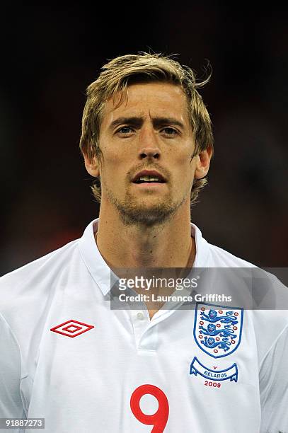 Peter Crouch of England looks on during the FIFA 2010 World Cup Qualifying Group 6 match between England and Belarus at Wembley Stadium on October...