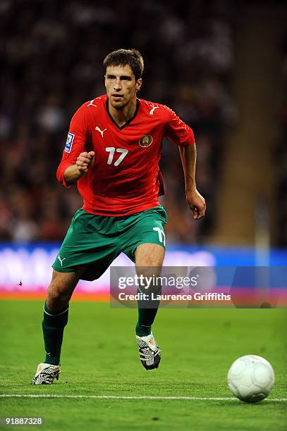 Sergey Sosnovskiy of Belarus in action during the FIFA 2010 World Cup Qualifying Group 6 match between England and Belarus at Wembley Stadium on...