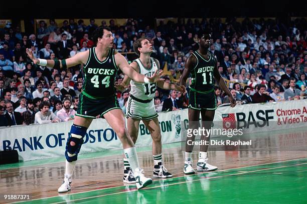 Paul Mokeski of the Milwaukee Bucks boxes out against Jerry Sichting of the Boston Celtics during a game played in 1987 at the Boston Garden in...