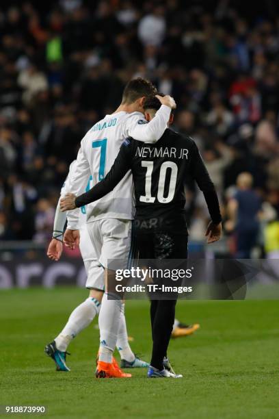 Cristiano Ronaldo of Real Madrid and Neymar of Paris looks on during the UEFA Champions League Round of 16 First Leg match between Real Madrid and...