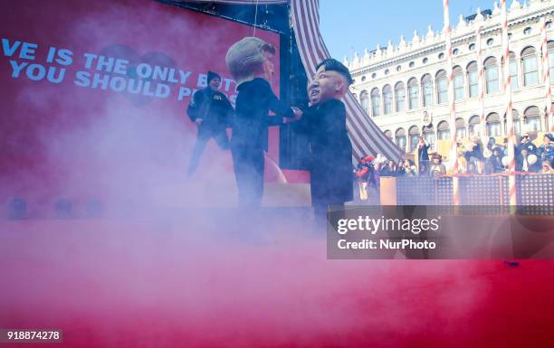 Donald Trump and a Kim Jong Un puppets at the event of the Eagle Flight on February 11, 2018 in Venice, Italy. The theme for the 2018 edition of...