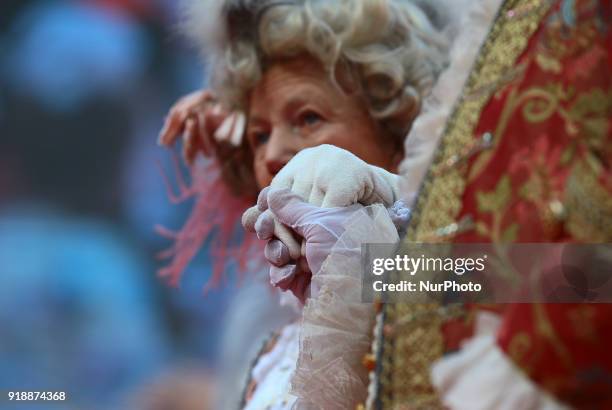 People wearing carnival costumes attend the event of the Eagle Flight on February 11, 2018 in Venice, Italy. The theme for the 2018 edition of Venice...