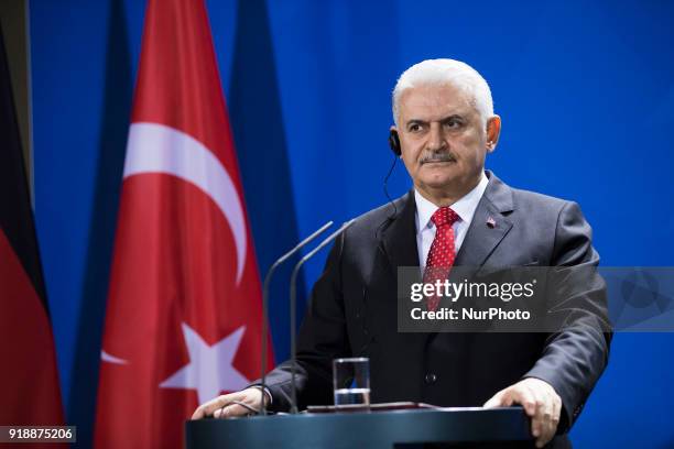 Turkish Prime Minister Binali Yildirim is pictured during a press conference held with German Chancellor Angela Merkel at the Chancellery in Berlin,...