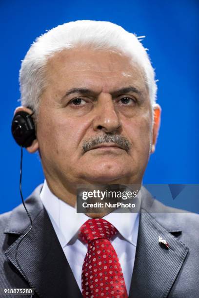 Turkish Prime Minister Binali Yildirim is pictured during a press conference held with German Chancellor Angela Merkel at the Chancellery in Berlin,...