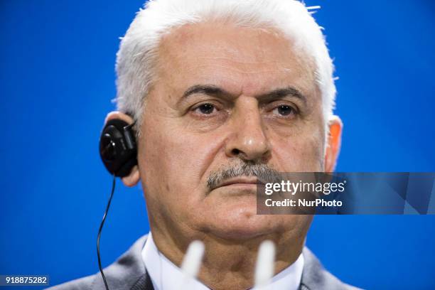 Turkish Prime Minister Binali Yildirim is pictured during a press conference held with German Chancellor Angela Merkel at the Chancellery in Berlin,...