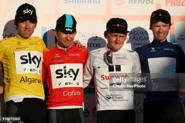 Geraint Thomas and Michal Kwiatkowski of Team Sky, Sam Oomen of Team Sunweb and Benjamin King of Team Dimension Data after the 2nd stage of the...