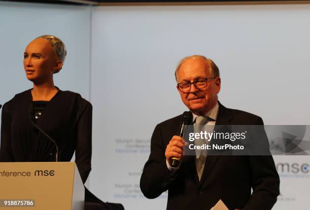 Chairman Wolfgang Ischinger talking to the guests of the panel, in Munich, Germany, on February 15, 2018. Today the first panel of the Munich...