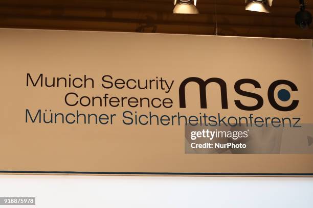 The logo of the Munich Security conference is seen in the picture, in Munich, Germany, on February 15, 2018. Today the first panel of the Munich...
